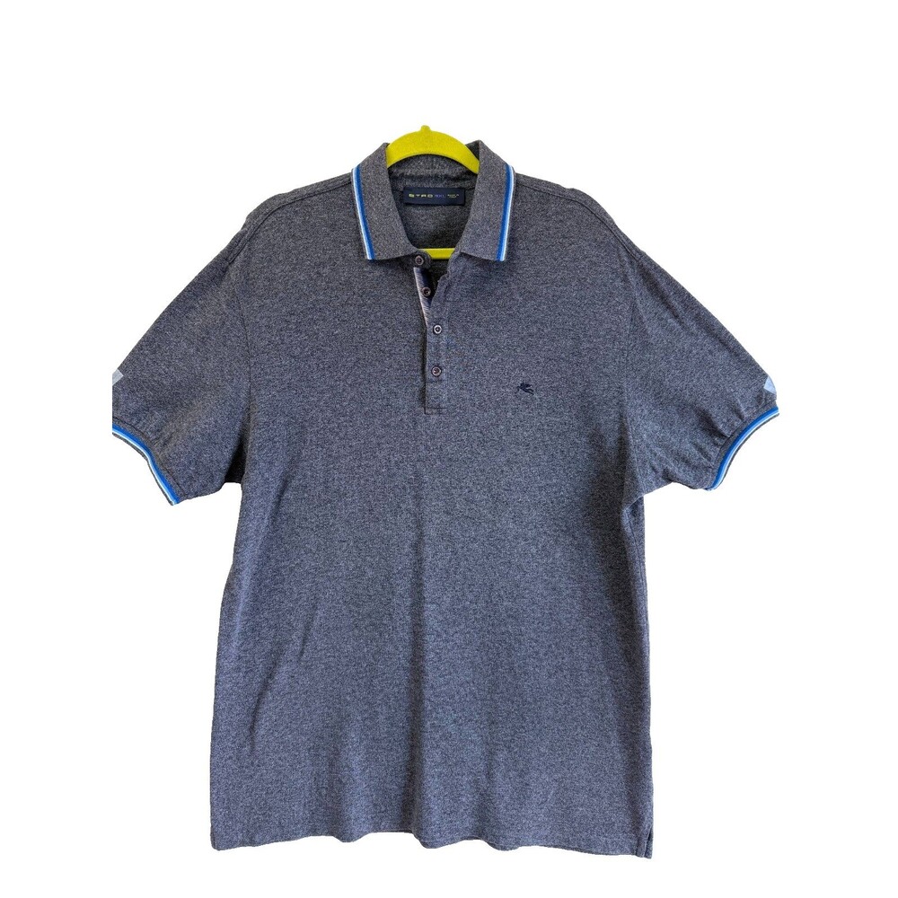 Etro Men's Gray Marl Polo Shirt 3XL Made in Italy 100% Cotton Blue Trim Logo
